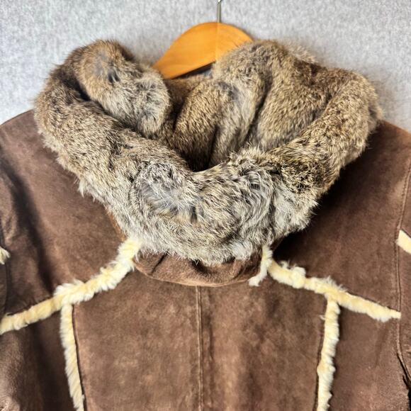 Wilsons Suede Penny Lane Leather Coat Womens Medium Brown Rabbit Fur Boho Toggle - Picture 3 of 15